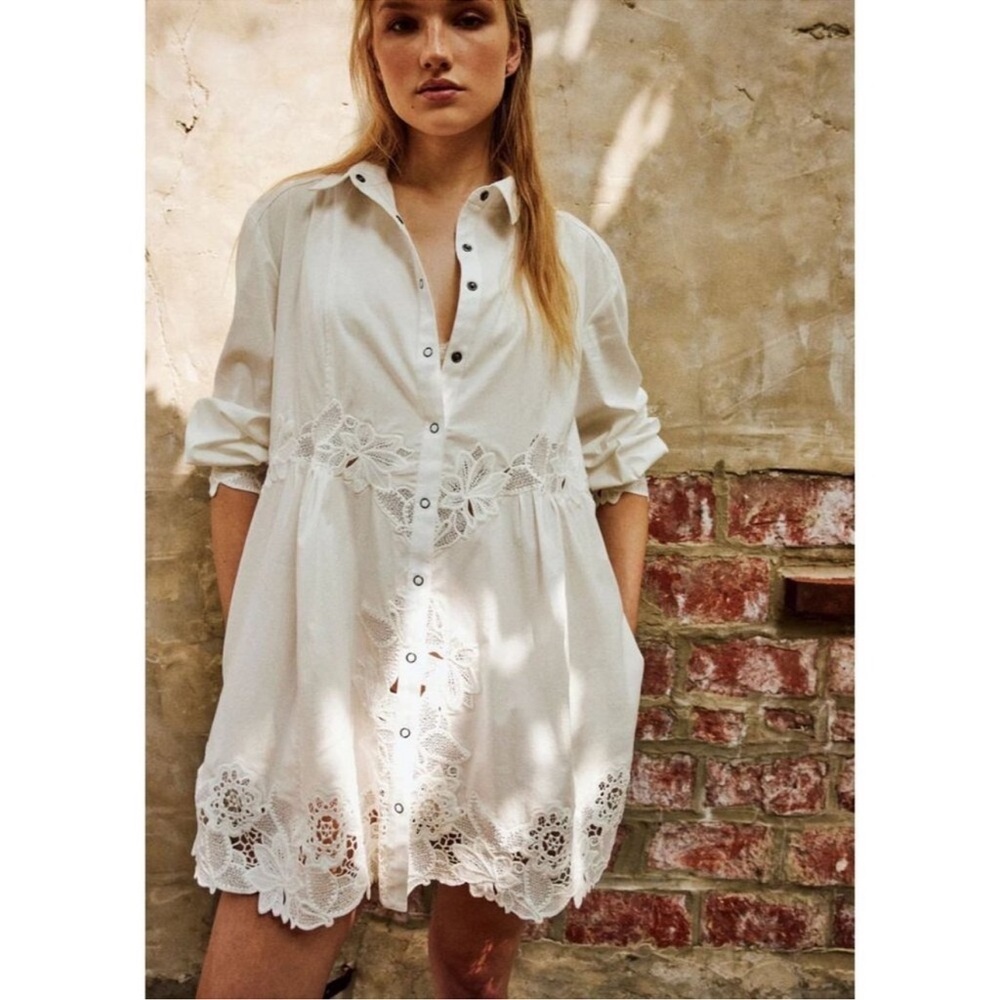 Free People Constance Long Trim Lace Sleeve Mini Dress Sz S